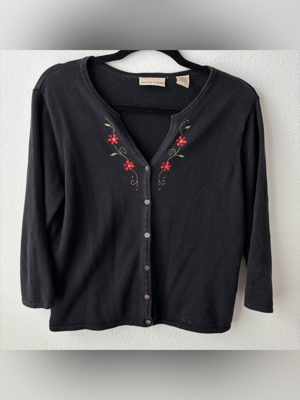 Apostrophe Black Cardigan with Red Floral Embroidery